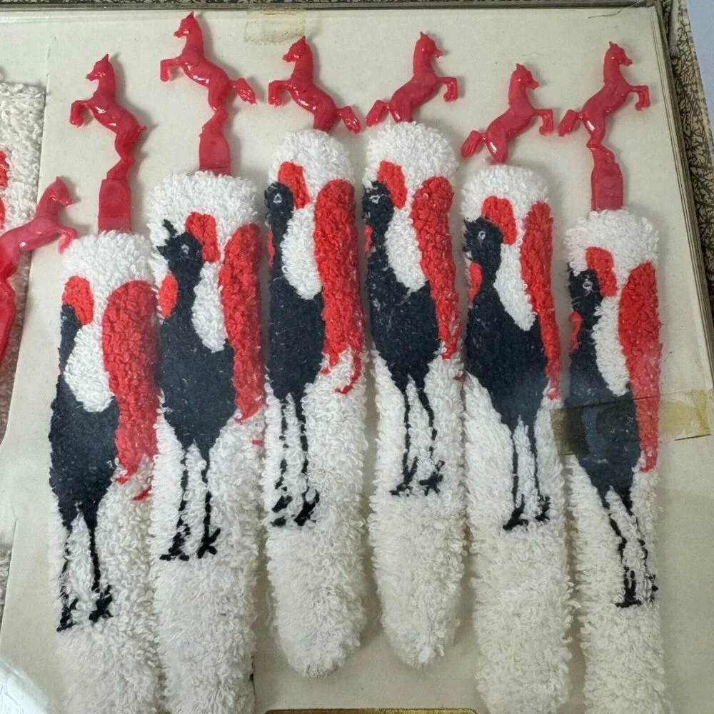 Vtg Knitted Coasters Rooster Motif Horse Swizzle‎ Sticks Midcentury Bar Kitschy